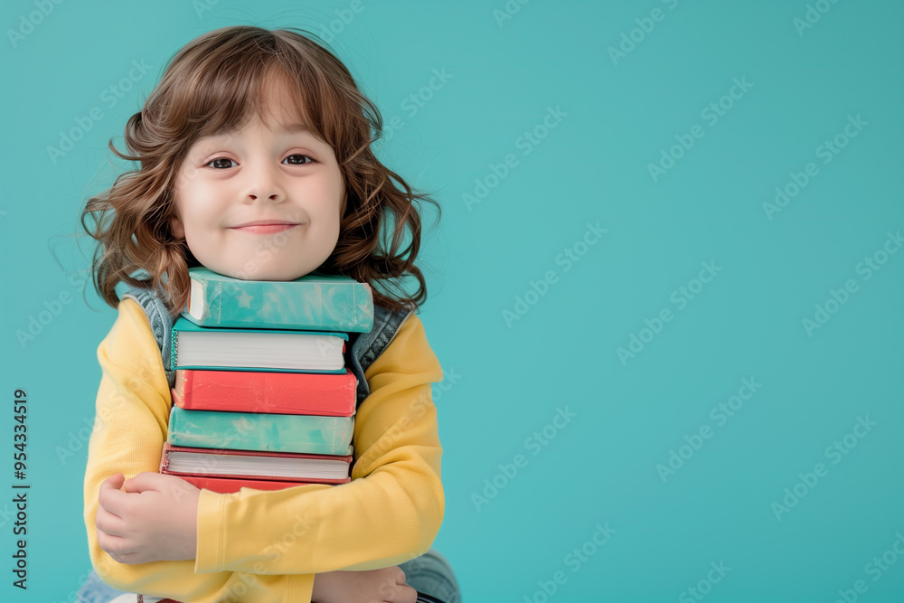 Joyful child surrounded by books on gradient background with copy space Joyful child surrounded by books on gradient background with copy space
