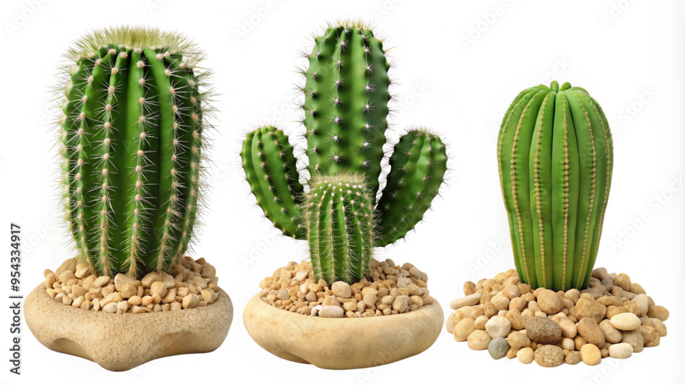 Three Varieties of Cacti on Desert Terrain for Botanical Designs Three Varieties of Cacti on Desert Terrain for Botanical Designs