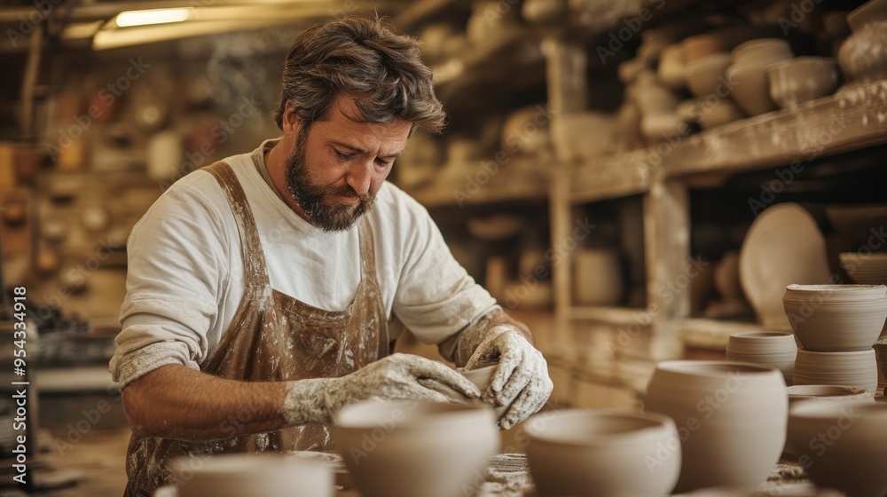 A Craftsman Shaping Clay in a Pottery Studio A Craftsman Shaping Clay in a Pottery Studio