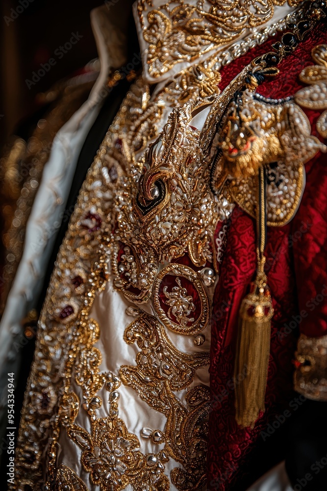 Golden and Red Fabric with Intricate Embroidery and Beads
