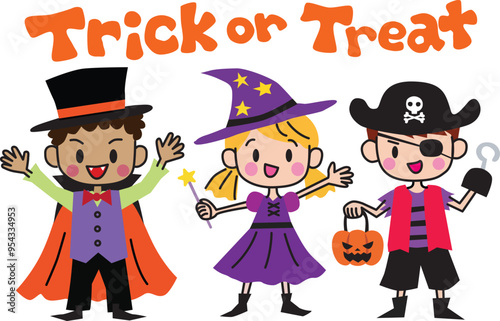 Cute kids with halloween costumes and Trick or Treat texts. Vector Illustration.