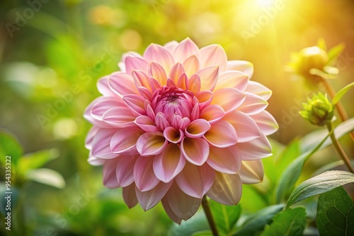 Delicate, soft-focus pink petals unfold from a lush floral bloom, surrounded by lush green foliage, against a blurred, creamy white background lit by warm sunlight.