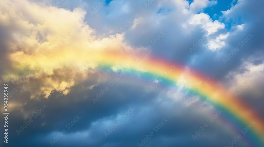 Rainbow arching across a cloudy sky after a rainstorm, colorful weather phenomenon Rainbow arching across a cloudy sky after a rainstorm, colorful weather phenomenon