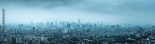 Sudden downpour soaking an urban landscape, wet weather, city in the rain