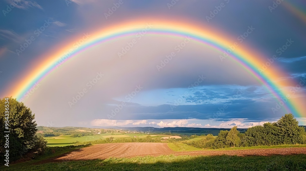 Bright rainbow over a rural landscape after a rainstorm, colorful weather, hope and renewal Bright rainbow over a rural landscape after a rainstorm, colorful weather, hope and renewal