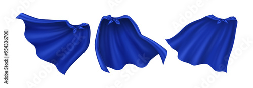 A set of cool blue superhero capes that look real. These capes seem to be flying in the wind, and they come in a bunch, all shown on a white background.