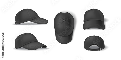Casual dark baseball cap mockup format reasonable vector outline set. Head clothing with brand layout 3d models on white foundation