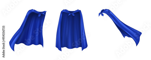 Saint blue silk cloaks reasonable vector illustration set. Capable superhero capes waving in wind 3d models bundle on white foundation