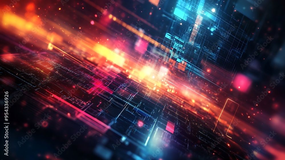 Abstract Digital Circuitry with Glowing Lines and Bokeh