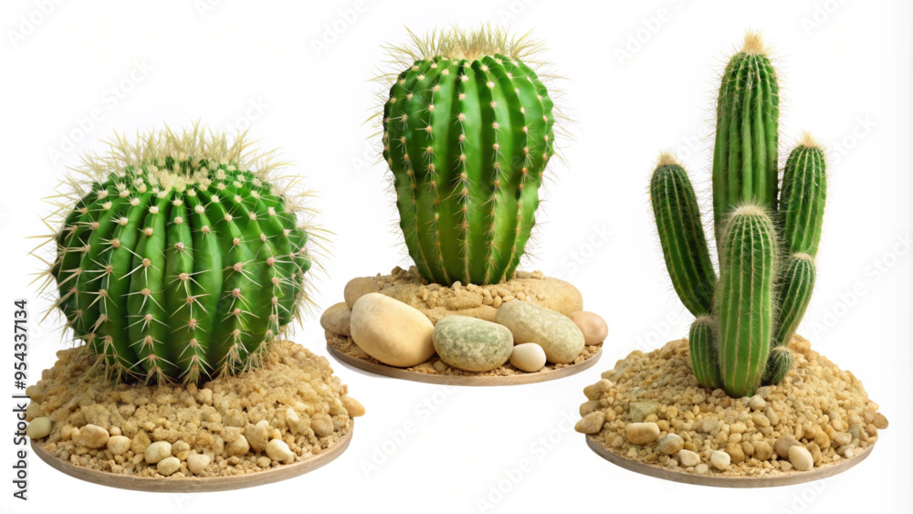 Three Varieties of Cacti on Desert Terrain for Botanical Designs Three Varieties of Cacti on Desert Terrain for Botanical Designs