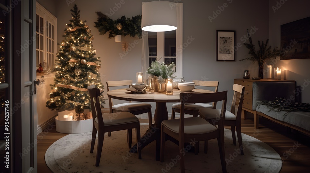 Christmas tree with a frosted appearance, standing proudly in a cozy dining area. Christmas tree with a frosted appearance, standing proudly in a cozy dining area.