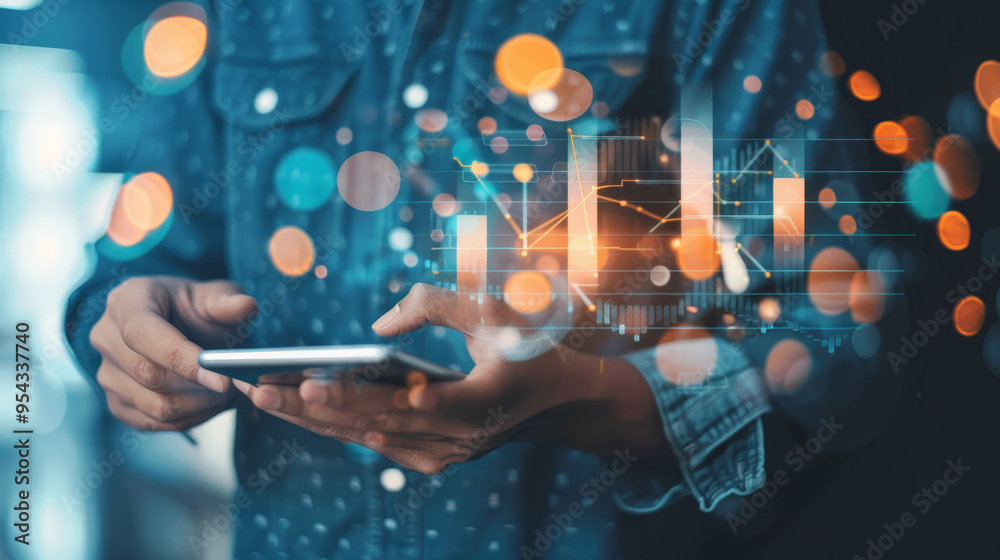 Businessman Using Smartphone with Data Analysis and Chart Overlay Businessman Using Smartphone with Data Analysis and Chart Overlay