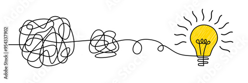 Idea doodle concept. Confuse to simplicity concept with messy hand drawn lines and light bulb. Vector clarity and thought process illustration for tangled way solution