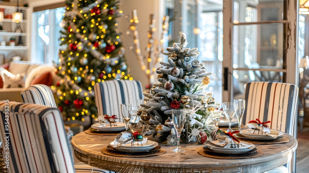 Christmas tree with a frosted appearance, standing proudly in a cozy dining area. Christmas tree with a frosted appearance, standing proudly in a cozy dining area.