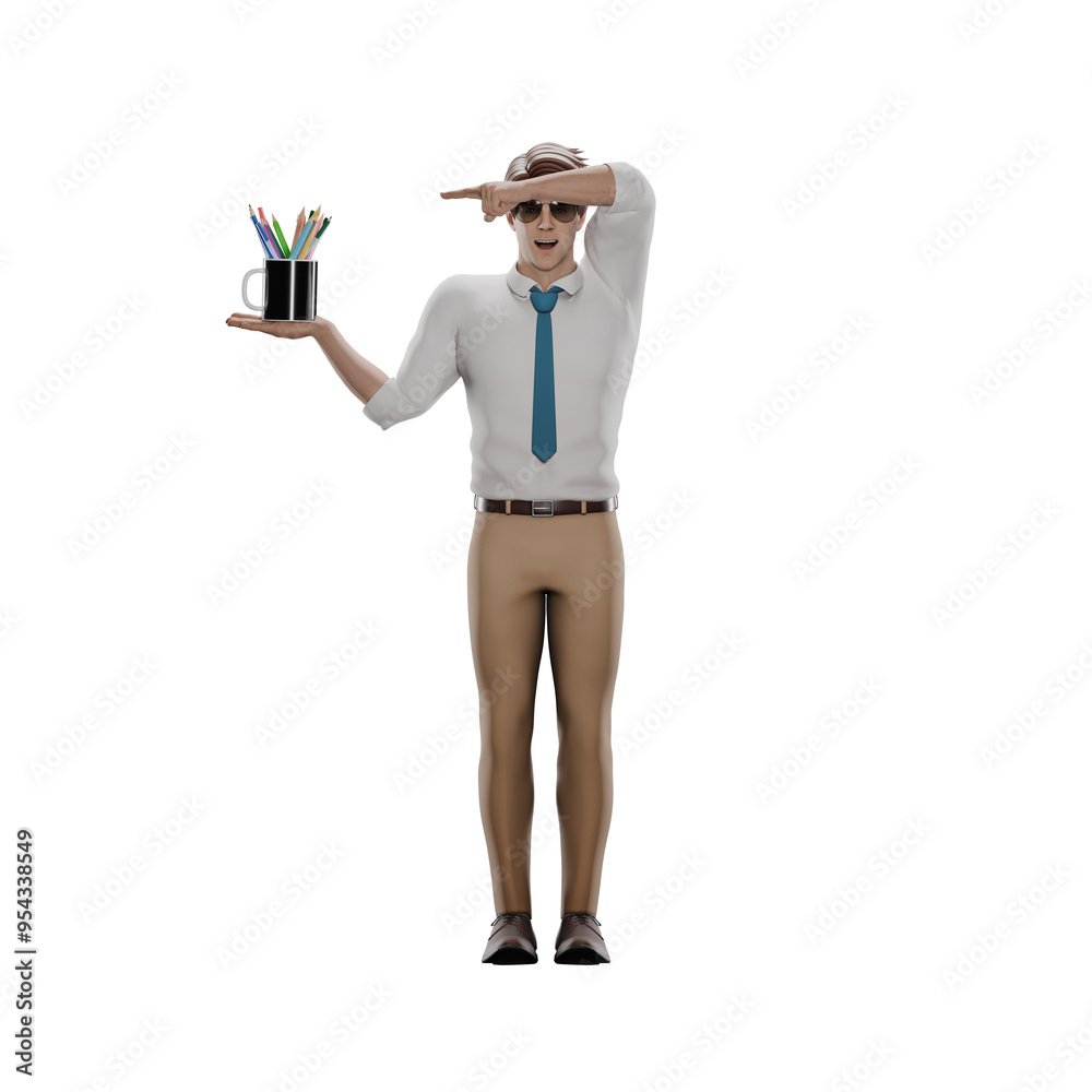 Educational Male Teacher. A male teacher is posing with his arms raised, holding a cup filled with stationery in one hand, while the other hand covers his eyes from the light. 3D Professional Charac Educational Male Teacher. A male teacher is posing with his arms raised, holding a cup filled with stationery in one hand, while the other hand covers his eyes from the light. 3D Professional Charac