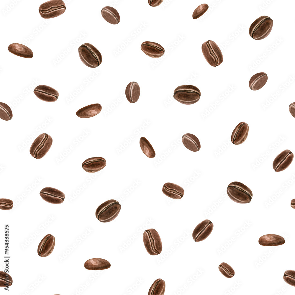 Roasted coffee beans. Seamless pattern with falling dark brown bobs. Ingredient for morning invigorating aromatic drink. Watercolor illustration. For cafe advertising, package, textile Roasted coffee beans. Seamless pattern with falling dark brown bobs. Ingredient for morning invigorating aromatic drink. Watercolor illustration. For cafe advertising, package, textile