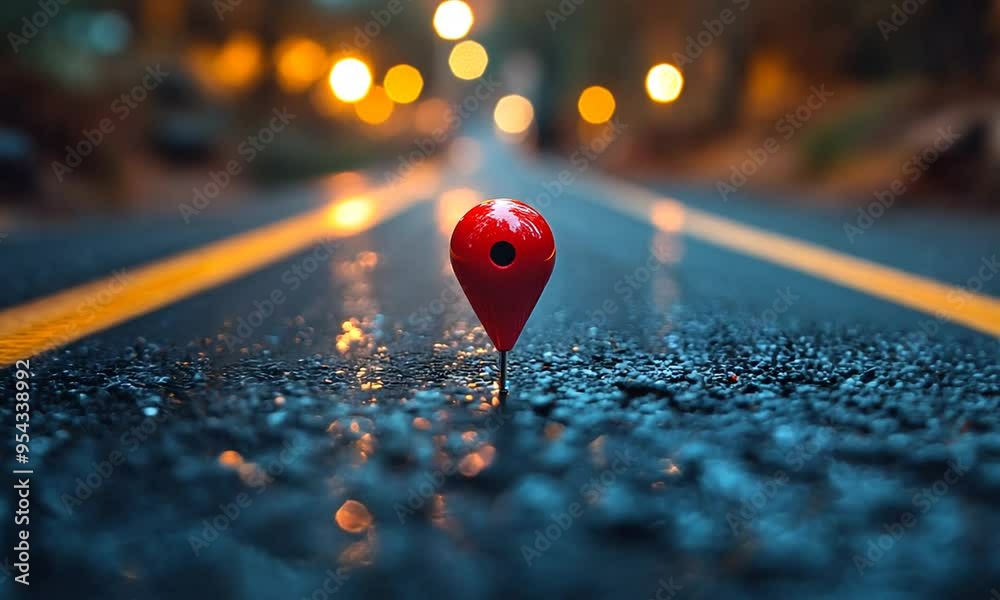 Close-Up of a Red Navigation Pin on a Wet Road at Night with Blurred Lights in the Background Close-Up of a Red Navigation Pin on a Wet Road at Night with Blurred Lights in the Background