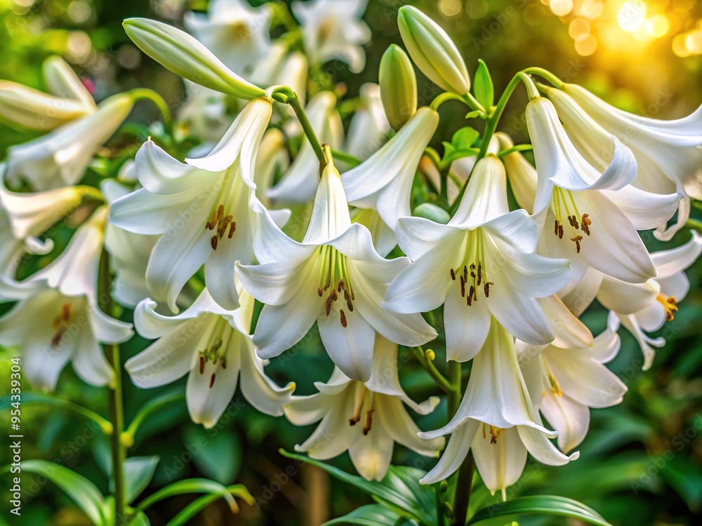 Obraz premium Delicate white belladonna lily blooms with trumpet-shaped flowers and dark green leaves sway gently in a lush, vibrant garden scene bathed in soft, warm light.
