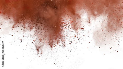 Abstract Powder Explosion with Chili Powder Centered, Dust Particles Flying, Creative Concept for Design and Decoration. High-Definition Abstract Shape and Texture in a White Background