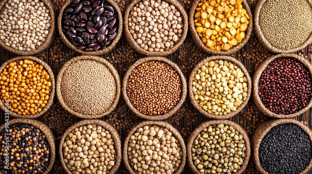 Fototapeta premium Collection of Organic Legumes and Seeds in Baskets