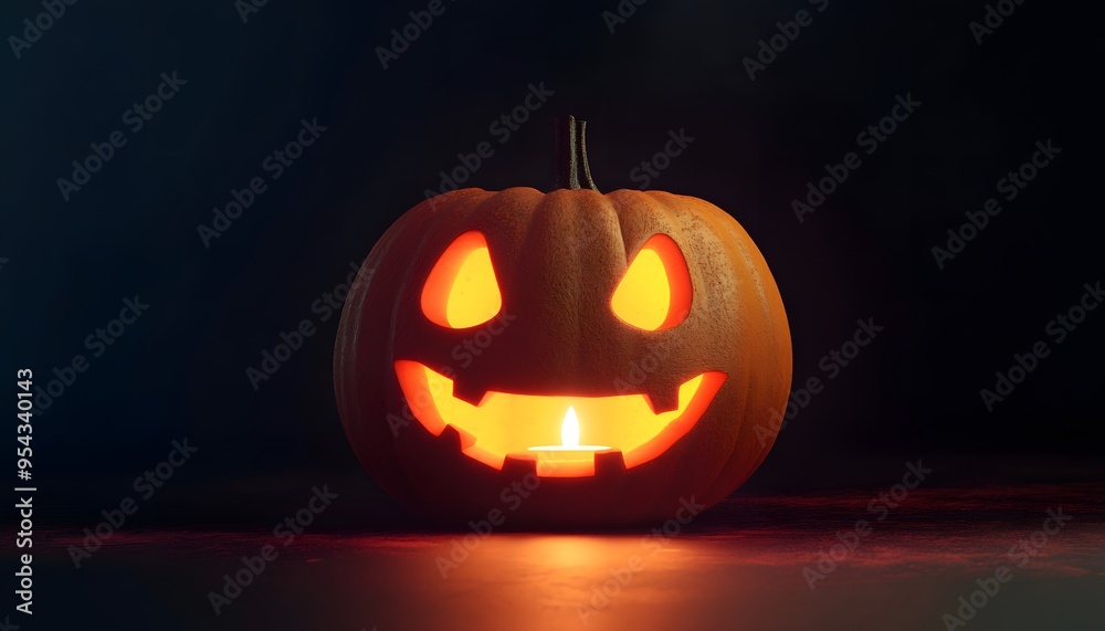 Glowing Jack-o'-lantern lit by a candle in a dark setting, perfect for Halloween decorations and spooky seasonal themes. Glowing Jack-o'-lantern lit by a candle in a dark setting, perfect for Halloween decorations and spooky seasonal themes.