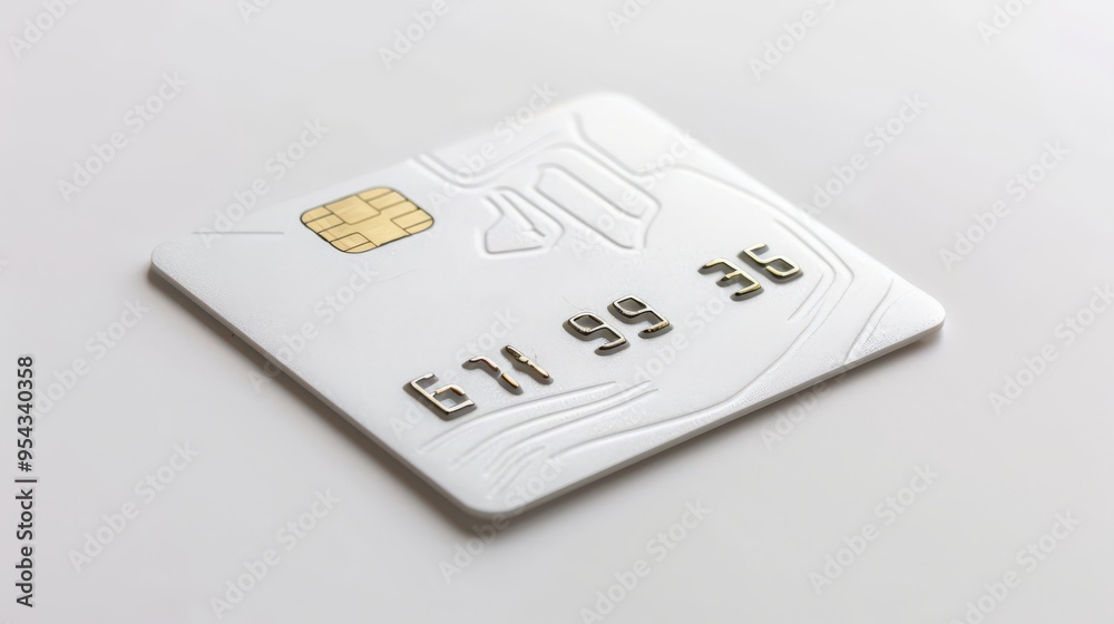Simple white credit card with a chip on a clean white backdrop, illustrating modern finance and technological advancements.. Simple white credit card with a chip on a clean white backdrop, illustrating modern finance and technological advancements..