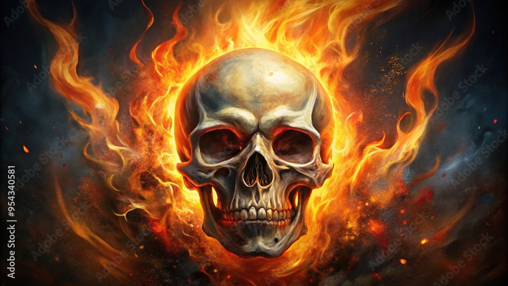 Digital Painting of Skull with Fire and Flames in the Background Digital Painting of Skull with Fire and Flames in the Background