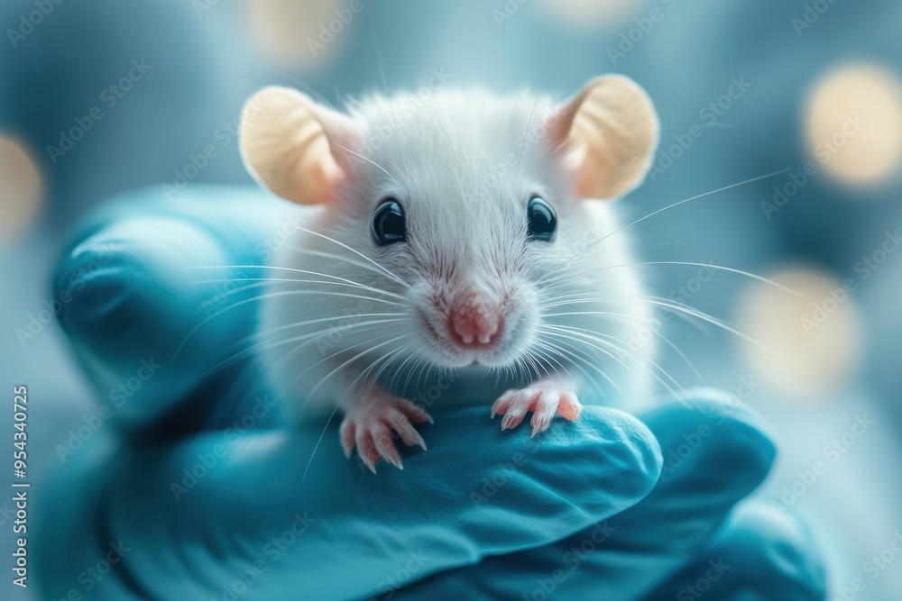 White lab mouse in gloved hands symbolizing scientific research White lab mouse in gloved hands symbolizing scientific research