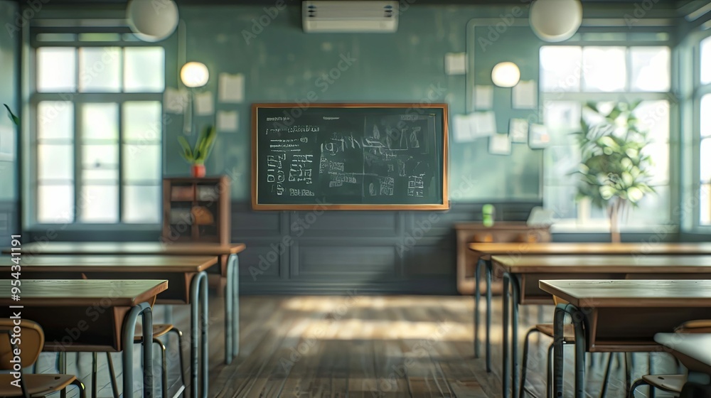 Empty Classroom with Desks, Chalkboard, and Sunlight Empty Classroom with Desks, Chalkboard, and Sunlight