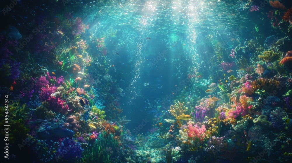 Vibrant Underwater Coral Reef Scene with Fish and Sunbeams Vibrant Underwater Coral Reef Scene with Fish and Sunbeams