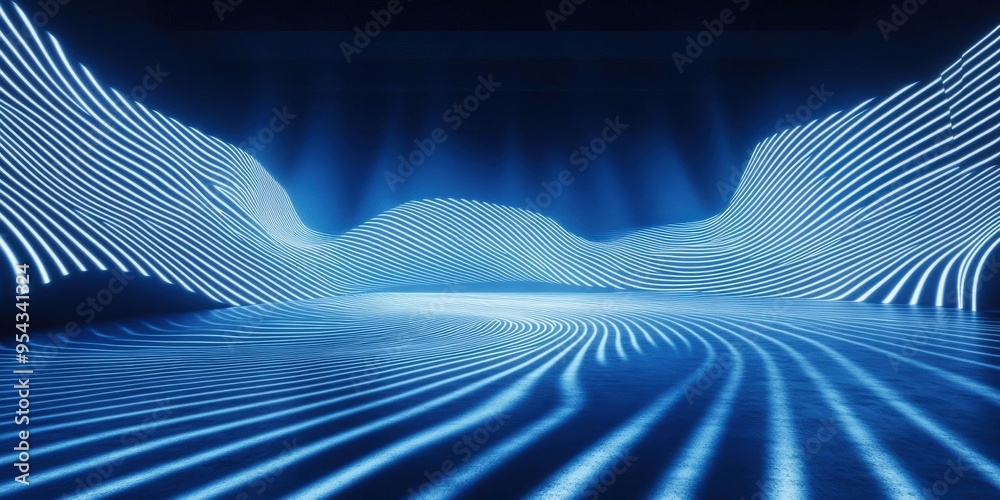 A futuristic digital landscape showcasing glowing blue waves and dynamic lines, perfect for technology and abstract themes. A futuristic digital landscape showcasing glowing blue waves and dynamic lines, perfect for technology and abstract themes.
