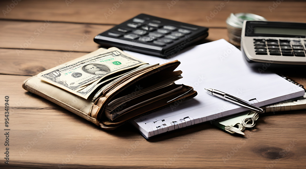 A wallet with dollar bills peeking out, placed next to a calculator and a notepad with budget notes, on a wooden table with ample copy space, representing careful financial planning and saving.
A wallet with dollar bills peeking out, placed next to a calculator and a notepad with budget notes, on a wooden table with ample copy space, representing careful financial planning and saving.