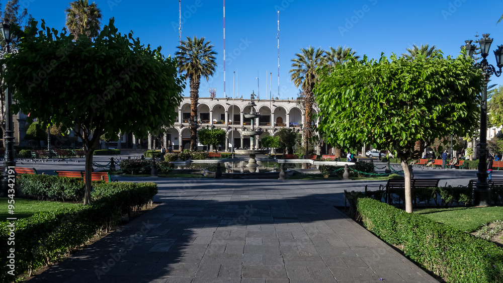 Naklejka premium Detail of the Plaza de Armas (Main Square) in the city of Arequipa, province of Arequipa, Peru.