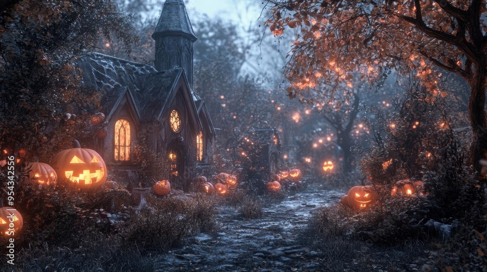 Enchanted Halloween forest with a spooky church and glowing jack-o'-lanterns. Enchanted Halloween forest with a spooky church and glowing jack-o'-lanterns.