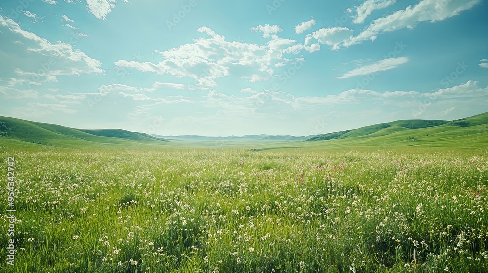 Green Hills Embrace a Lush Meadow Under a Bright Blue Sky Green Hills Embrace a Lush Meadow Under a Bright Blue Sky
