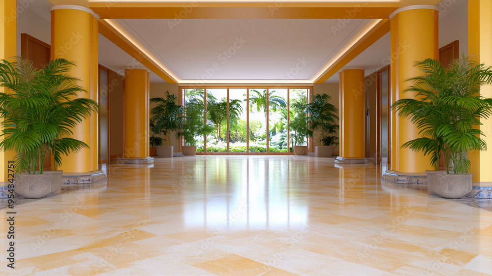 Fototapeta premium A grand, sunlit lobby featuring gleaming marble floors and vibrant yellow columns.