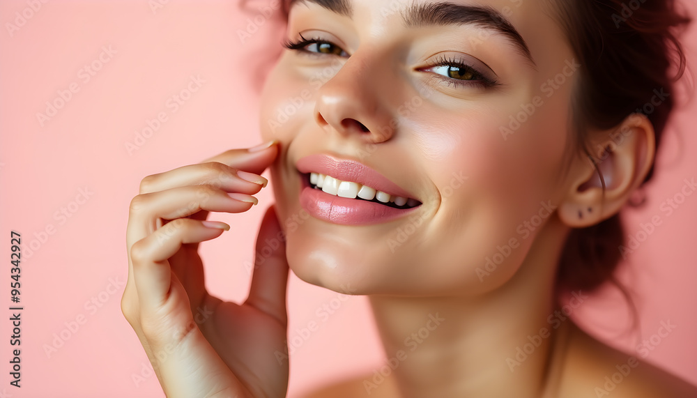 Smiling Woman with Natural Makeup on Pink Background Smiling Woman with Natural Makeup on Pink Background