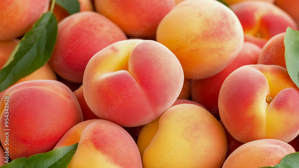 A close-up view of succulent peaches nestled among green leaves. A close-up view of succulent peaches nestled among green leaves.