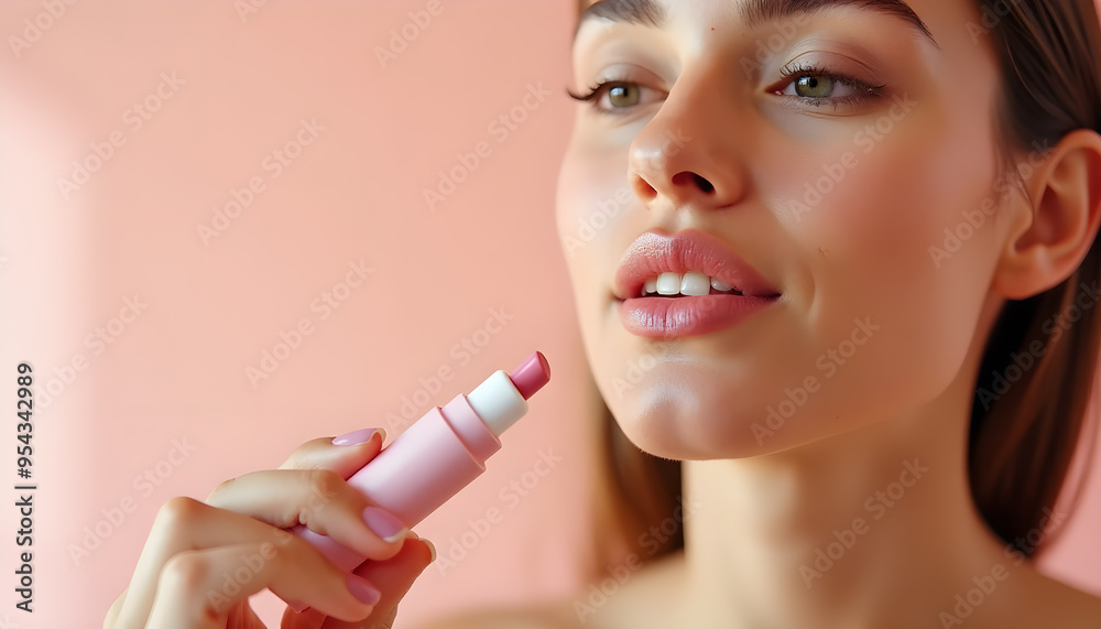 Woman with Soft Lips and Natural Makeup on Pink Background Woman with Soft Lips and Natural Makeup on Pink Background