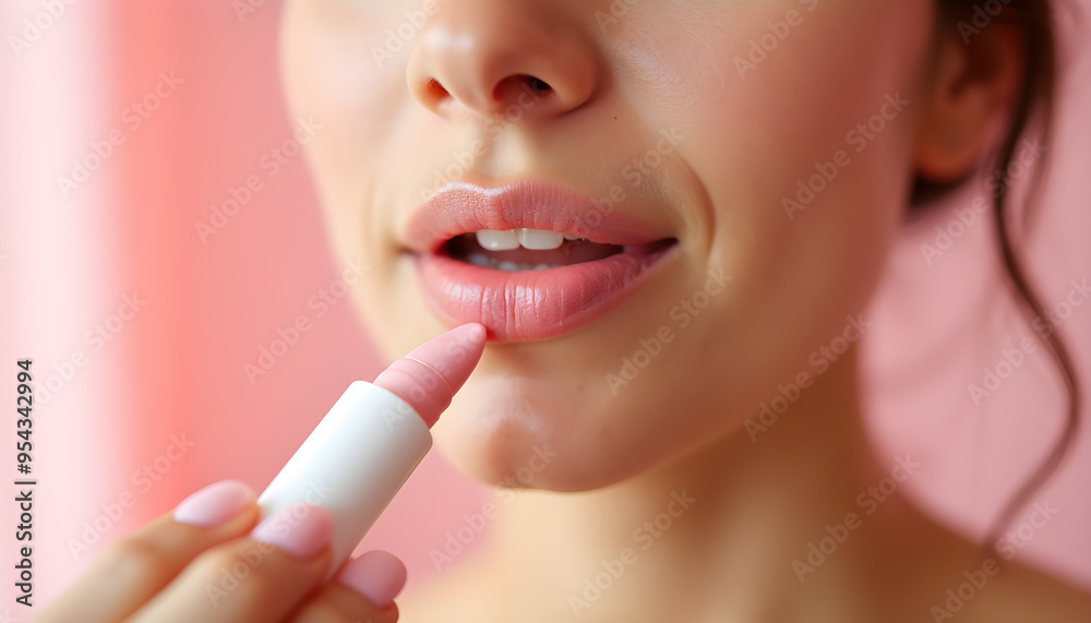 Woman Smiling with Glowing Lips on Pink Background Woman Smiling with Glowing Lips on Pink Background