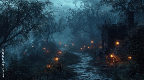 Mystical forest path with glowing lanterns leading to a quaint cottage