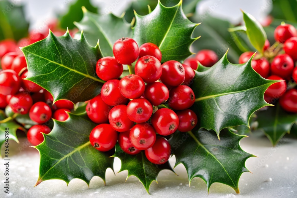 Obraz premium Vibrant green holly leaves with bright red berries clustered together, forming a dense, festive, and symmetrical