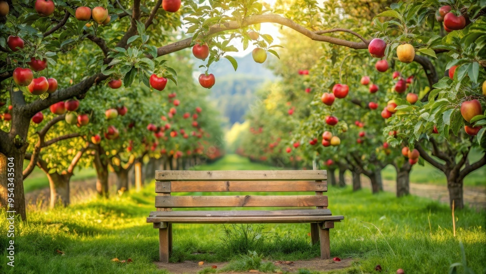 Wooden bench in front of lush apple orchard with ripe apples hanging from the branches, orchard, apple trees Wooden bench in front of lush apple orchard with ripe apples hanging from the branches, orchard, apple trees