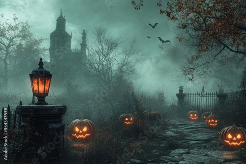 Spooky Halloween scene with a haunted house, jack-o'-lanterns, and a foggy path.