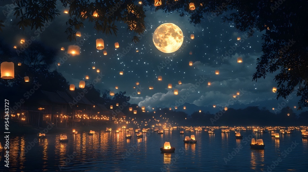 Breathtaking night sky with a full moon and sparkling stars illuminating a serene river where floating krathongs and glowing lanterns create a mesmerizing dreamy atmosphere of peace and tranquility Breathtaking night sky with a full moon and sparkling stars illuminating a serene river where floating krathongs and glowing lanterns create a mesmerizing dreamy atmosphere of peace and tranquility