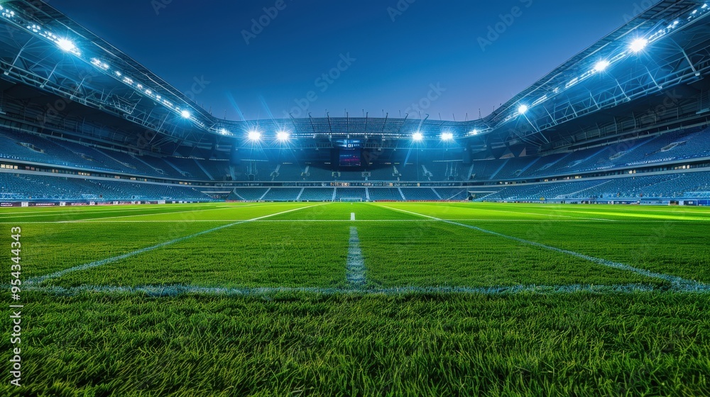 An empty illuminated stadium at night with green grass and rows of seats, prepared for a sports event or concert..