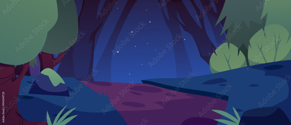 Vector illustration of a fantasy forest at night in flat style. Vector illustration of a fantasy forest at night in flat style.