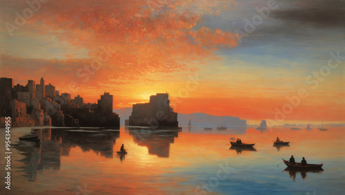 A colorful sunset over a calm harbor. Buildings line the shore, and several boats are moored.