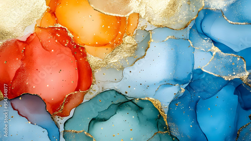 Abstract Alcohol Ink Art Background with Gold Glitter Blue Orange and Red Colors