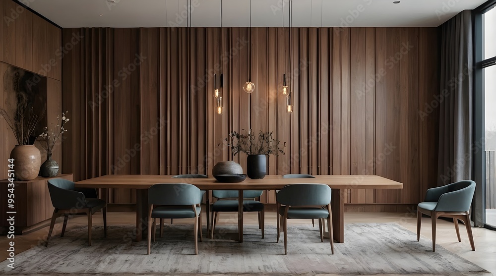 Fototapeta premium Sleek Minimalist Dining Room: Abstract Wood Paneling and Arched Wall